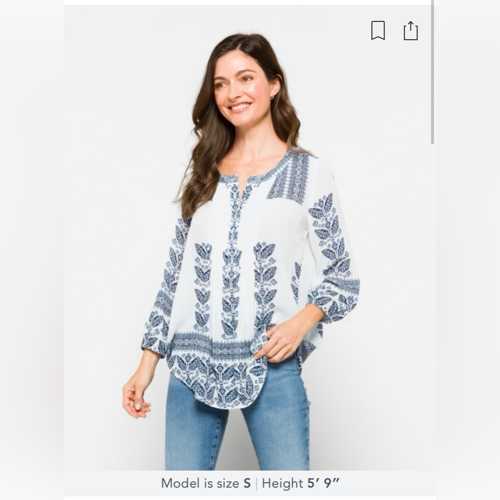 NWT | Daniel Rainn | Amely Boho Split Neck Top | White/Navy | Medium - Picture 7 of 10